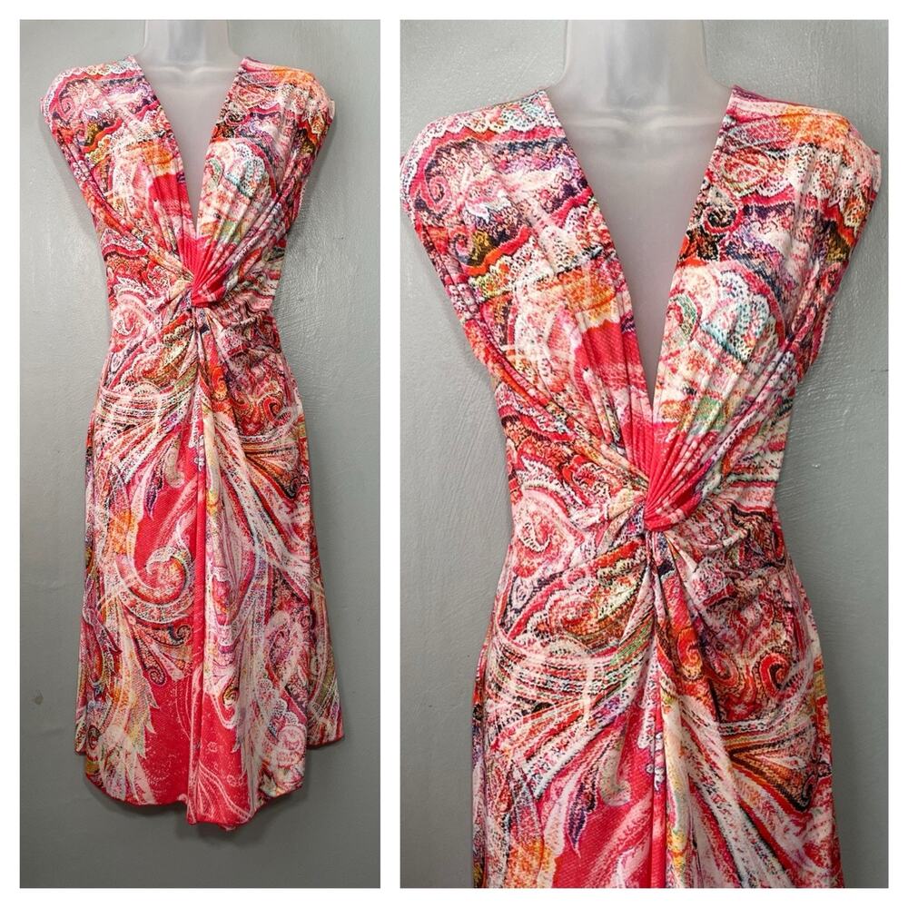 Bluekey Dress Size Large Plunge Neck Sexy Stretch Coral Paisley Summer Vacation